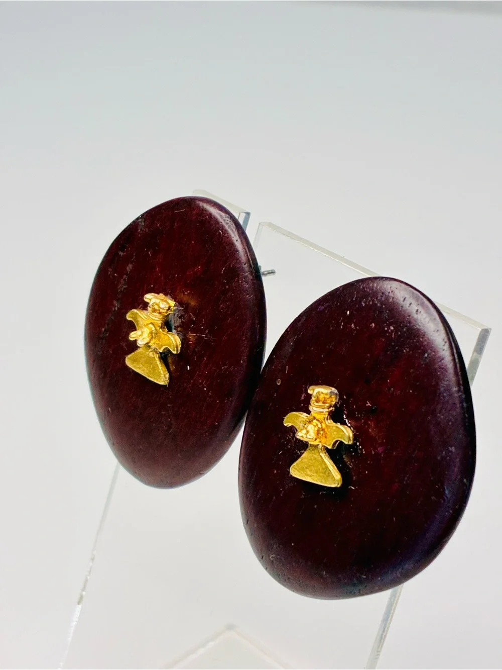 Unique Round Dark Cherry Wood Stud Earrings with Gold Accent - Women’s Jewelry